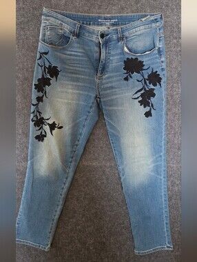 Chico's Light Blue Boyfriend Ankle Jeans with Black Floral Embroidery